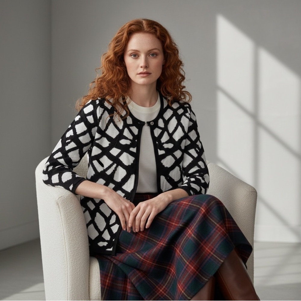 Anne Klein Black White Geometric Pattern Cardigan Jacket Size S